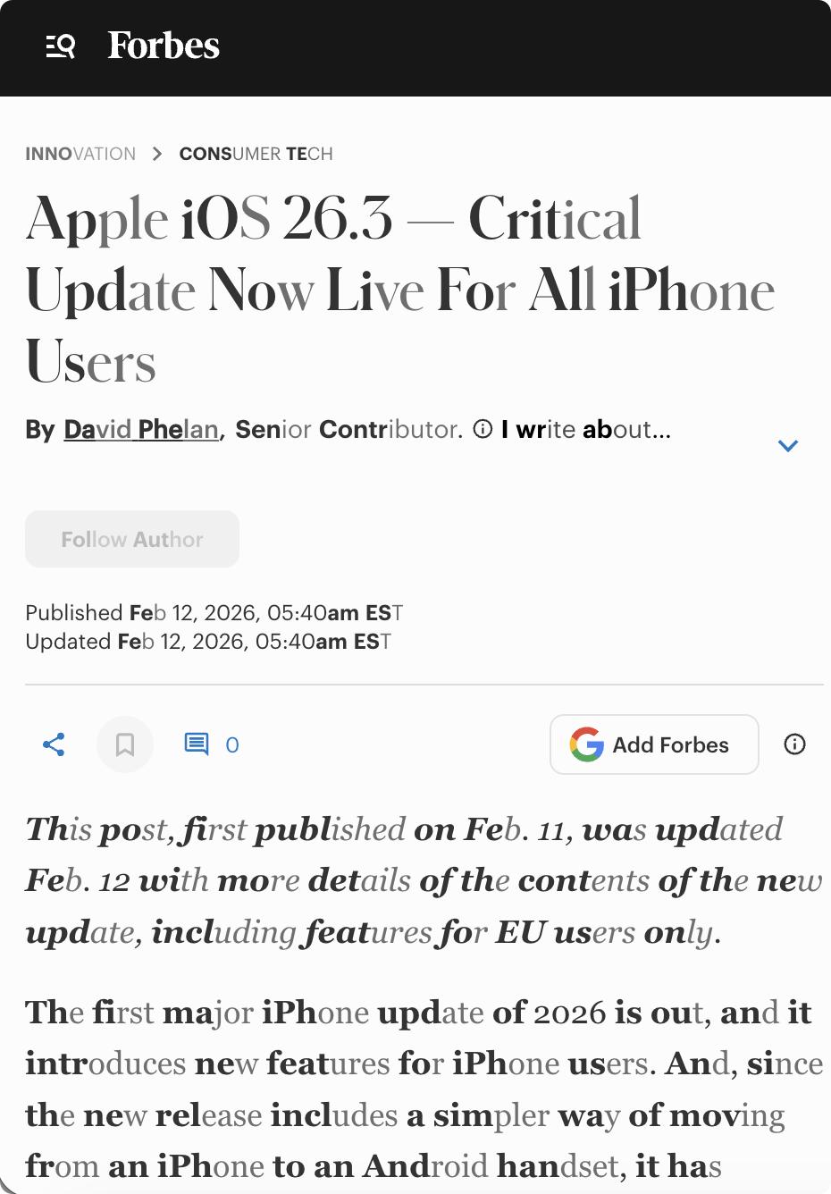 美媒：苹果公司于2026年2月12日发布了iOS26.3更新，适用于2019年