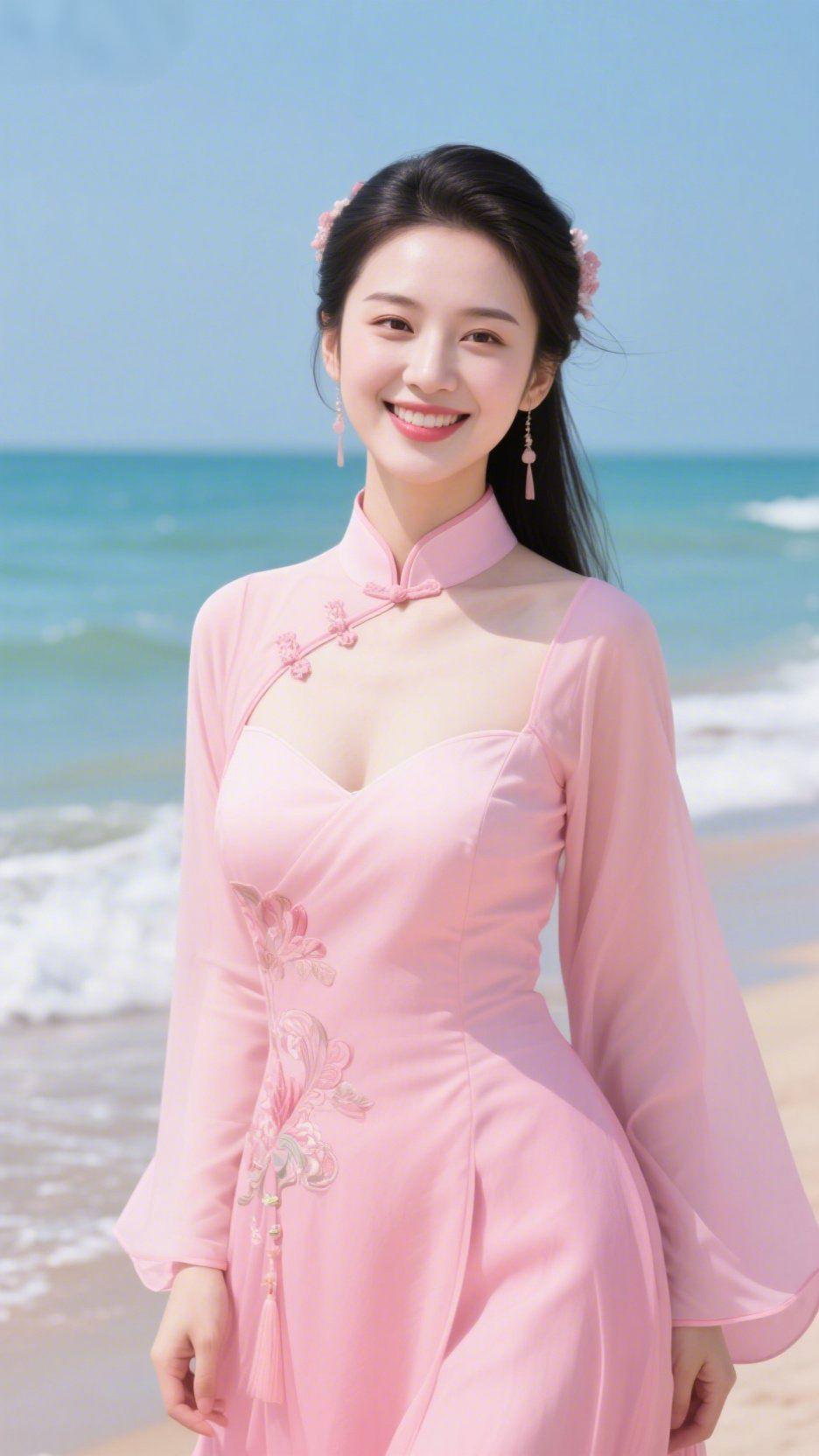 粉裙伴海风轻扬浪声裹着咸意漫过沙滩时，她像揉碎的云霞立在蓝天下——粉纱裙轻