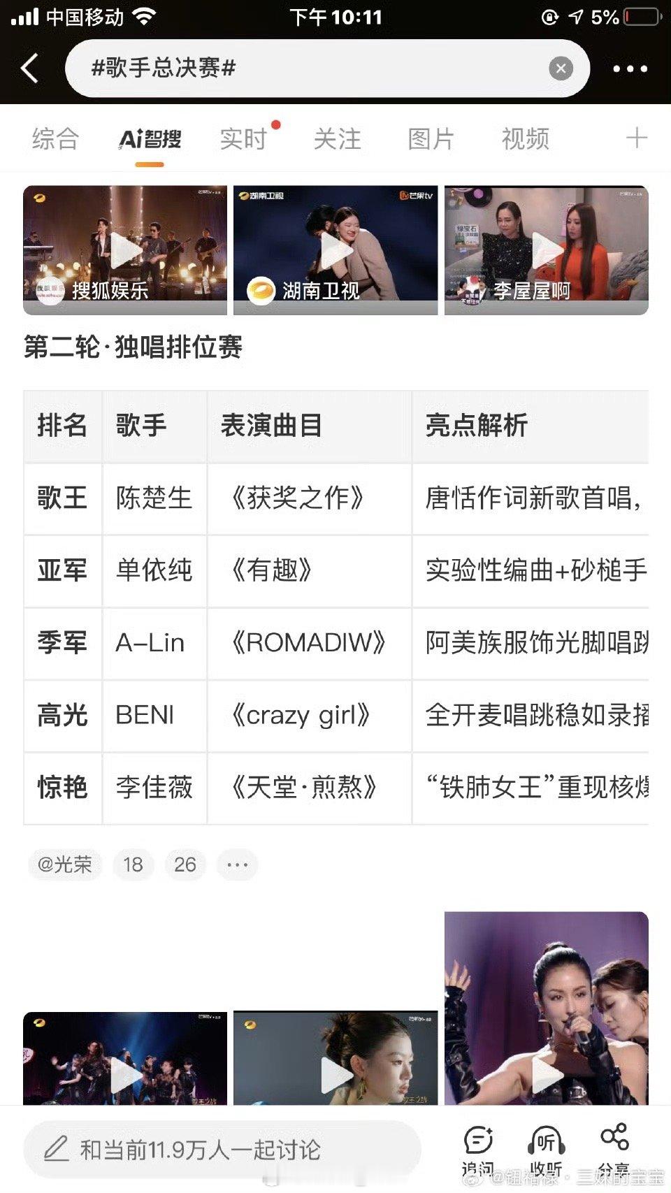 歌手排名冠军已被我内定？微博ai智搜直接跳预言家是吧[汗]歌王直接给陈楚生了
