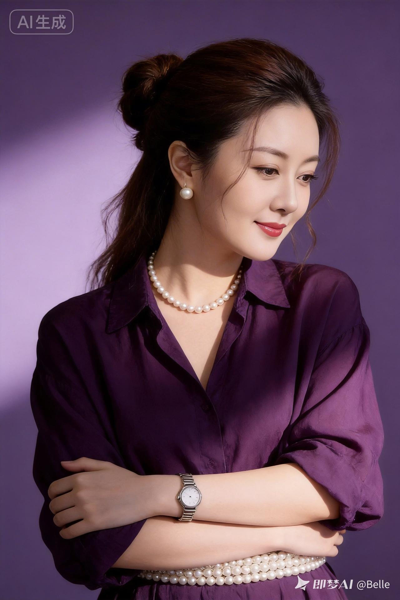 优雅紫调穿搭，珍珠与手表的完美搭配，尽显女性魅力！