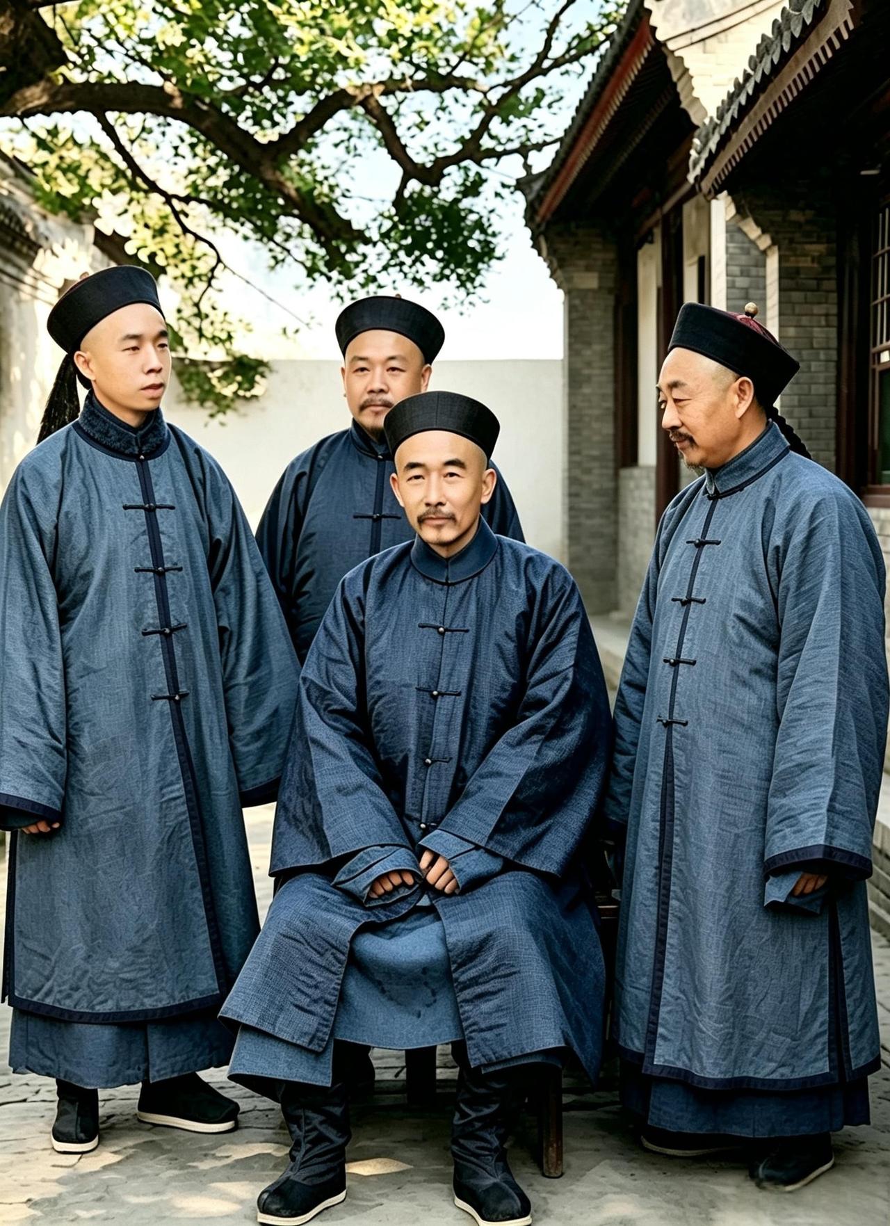 这是三名大臣围着一位王爷。这位王爷酷爱习武，并善于骑射，曾掌管虎神营，喜欢操练八