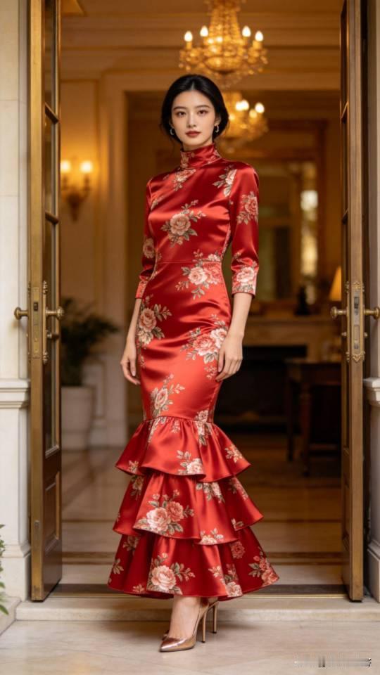 优雅的红裙女子，尽显东方韵味！连衣长裙美女壁纸