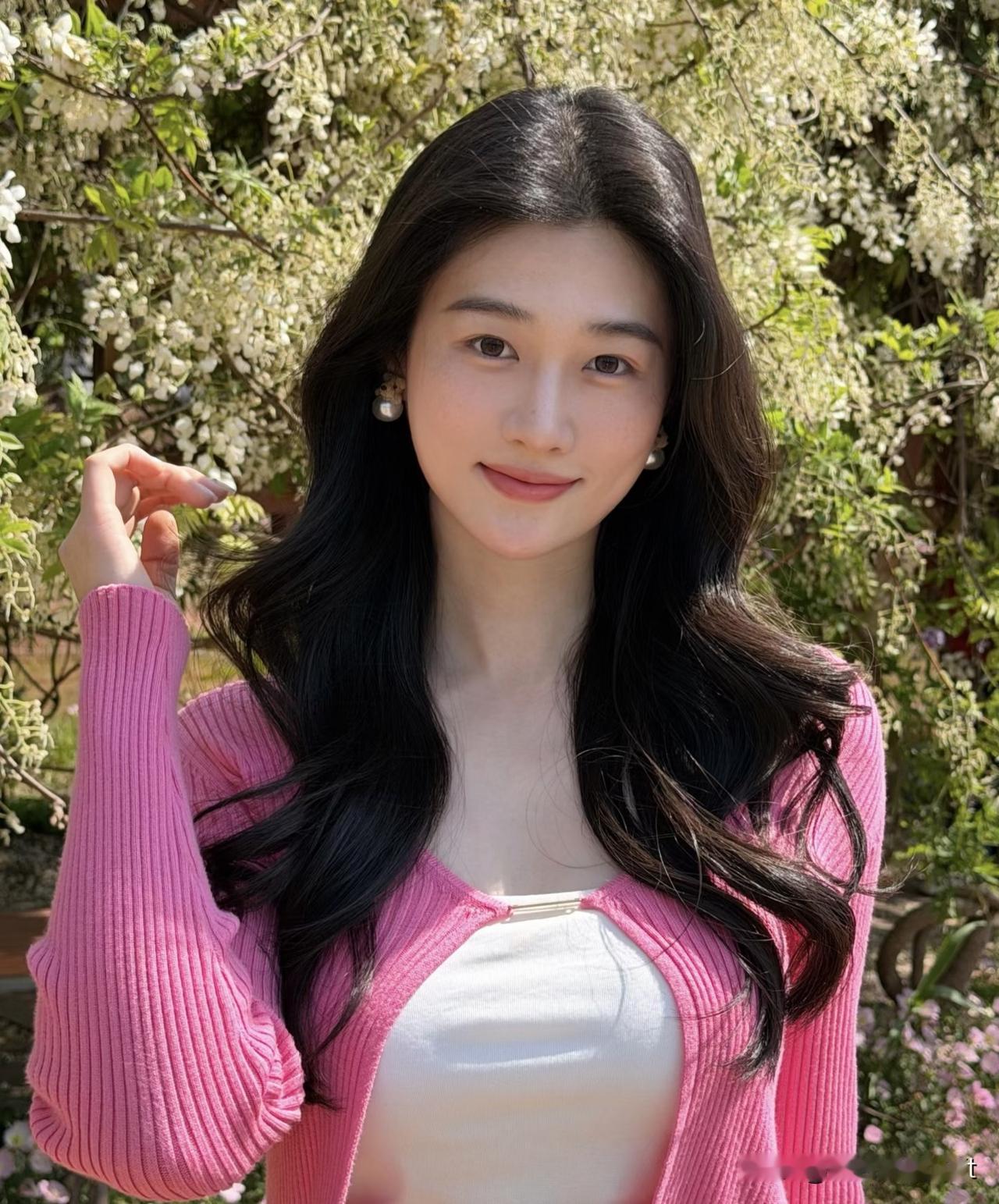 五律·花玉娇晴光摇素影，风软落花轻。粉袖凝春色，云鬟映眼明。笑含花气暖