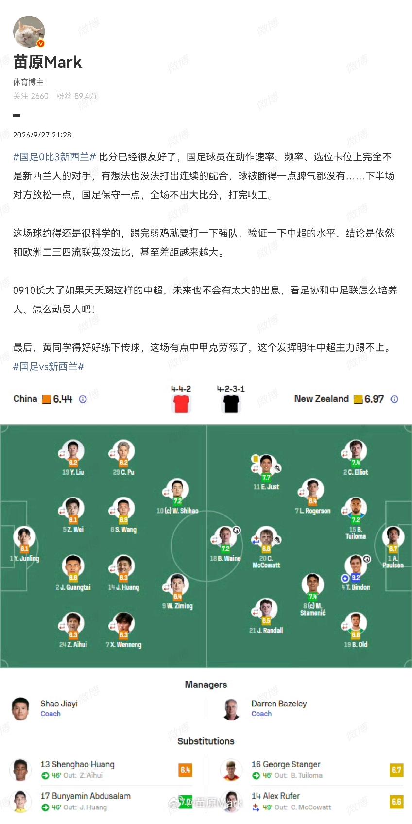 苗原的话直指中国足球的要害，也戳痛了足协LD们的心啊！0：3完败，差距是巨大的是