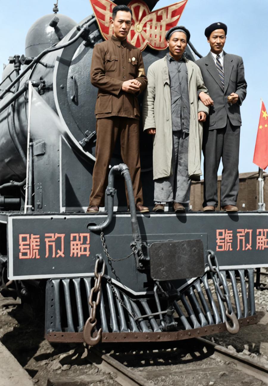 1949年12月，昆明解放，蒸汽机车车头清晰标着“解放号”字样，三位不同着装的人