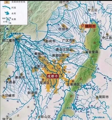 成都平原的水系图看着很震撼，想不富都难。成都平原是岷江和沱江出山之后，以峡谷口味