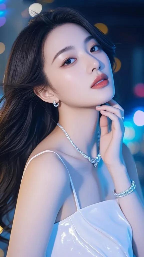 梦幻夜色下的优雅女神，闪耀的珠宝与白皙肌肤相映成辉。
