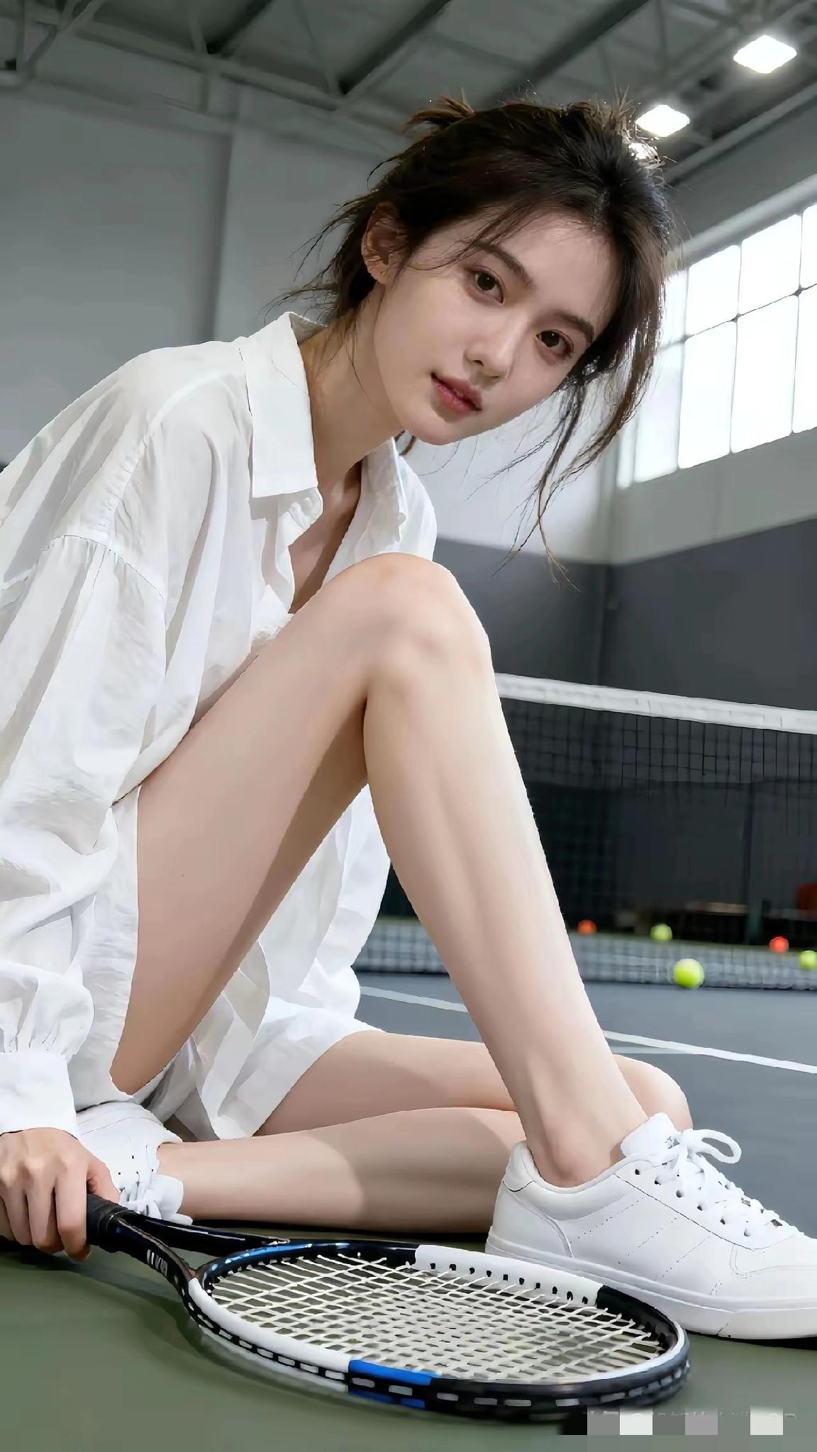 运动少女，网球场上，青春活力，白色运动鞋，轻松自在。晒一张你相册里风景照日常健