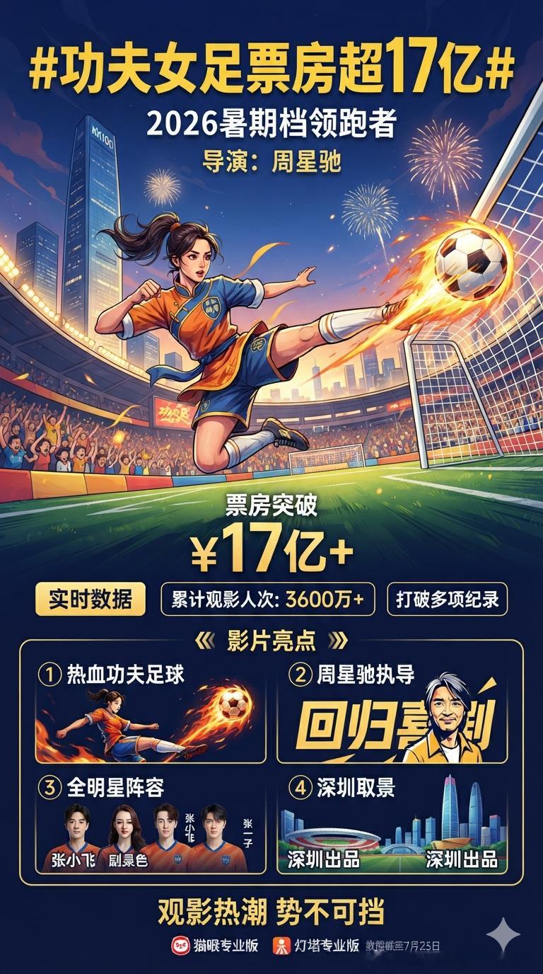 功夫女足票房超17亿周星驰执导的电影《功夫女足》在中国内地总票房（含预售）已正