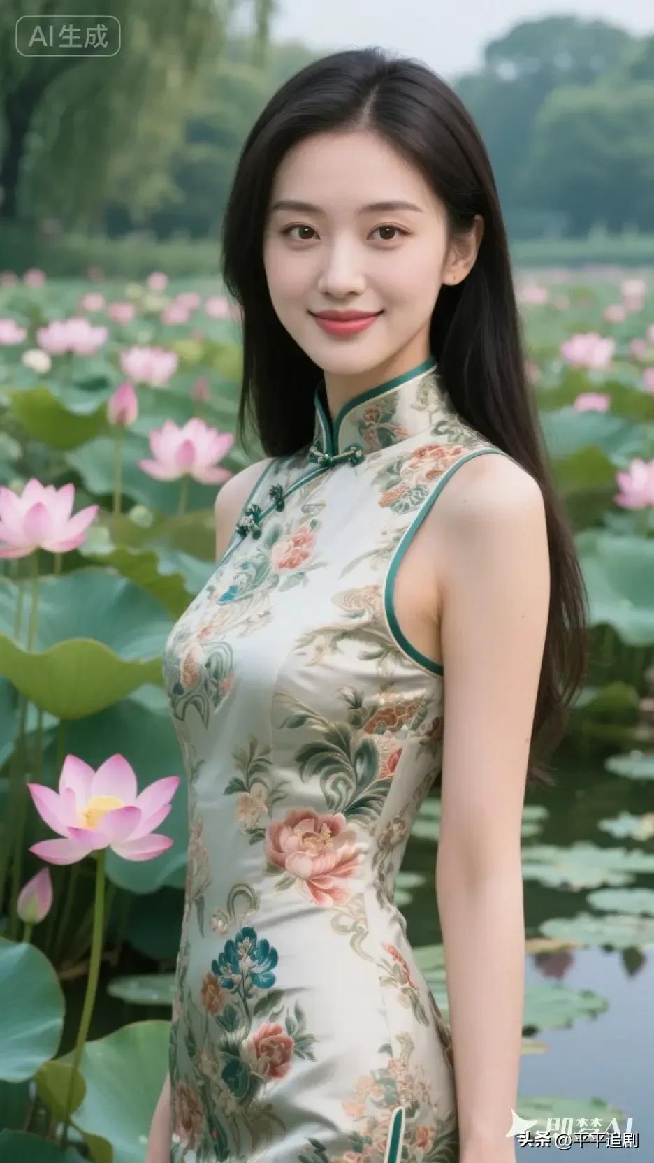 旗袍裹着荷风的柔，织锦花色与池间粉瓣相和。长发垂落时，笑意浸在夏的水汽里，比莲更