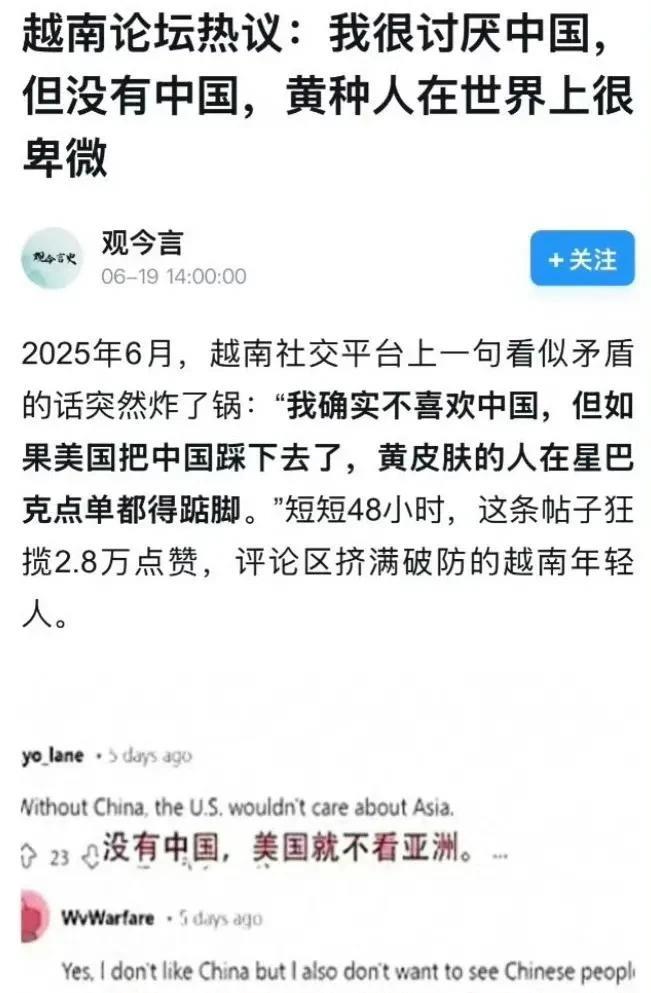 说明越南人还是懂一点国际政治的，其实全世界聪明人都明白，没有中国崛起制衡美国和西