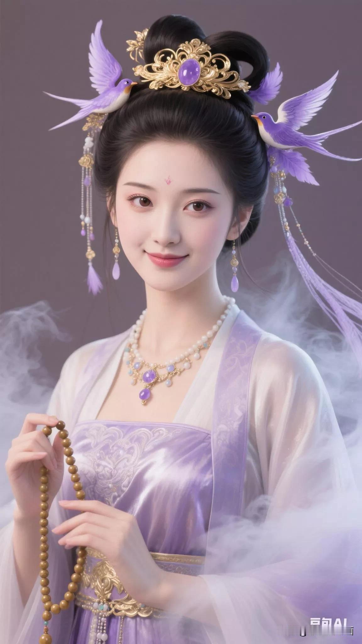 紫衣美人，珠玉满身。张立启原创书画AI作品古仕女发髻集锦首发276期。ai中式美