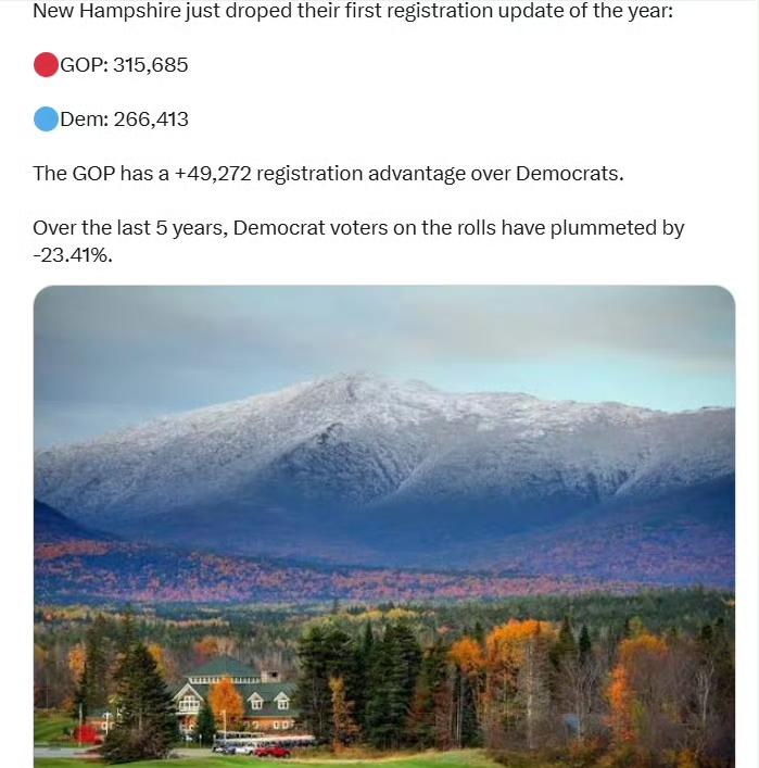 新罕布什尔州刚刚发布了今年的第一次选民登记更新：🔴共和党：315685