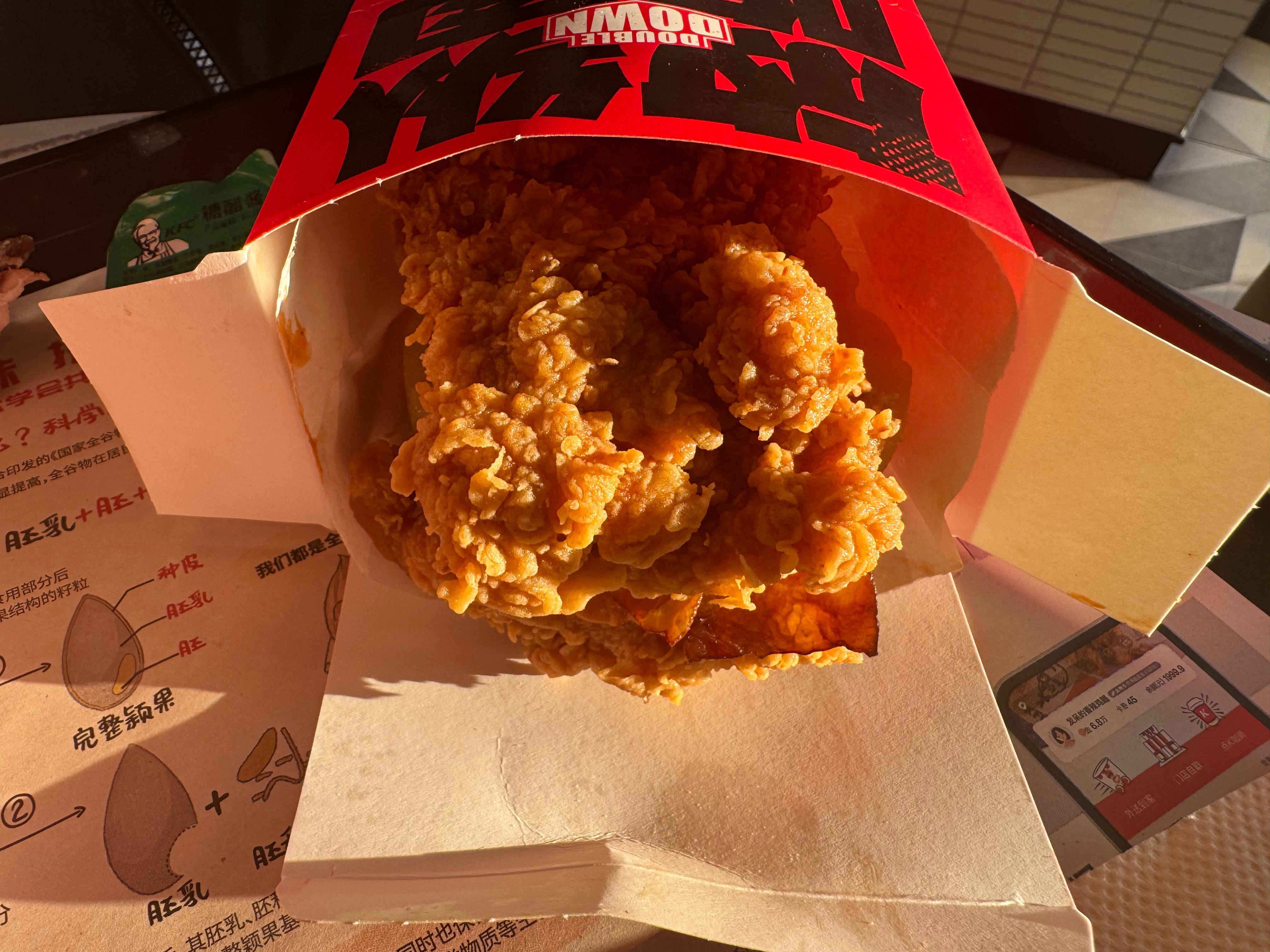 这是汉堡？连汉堡坯都没有，纯炸鸡夹培根。真放纵啊。​​​