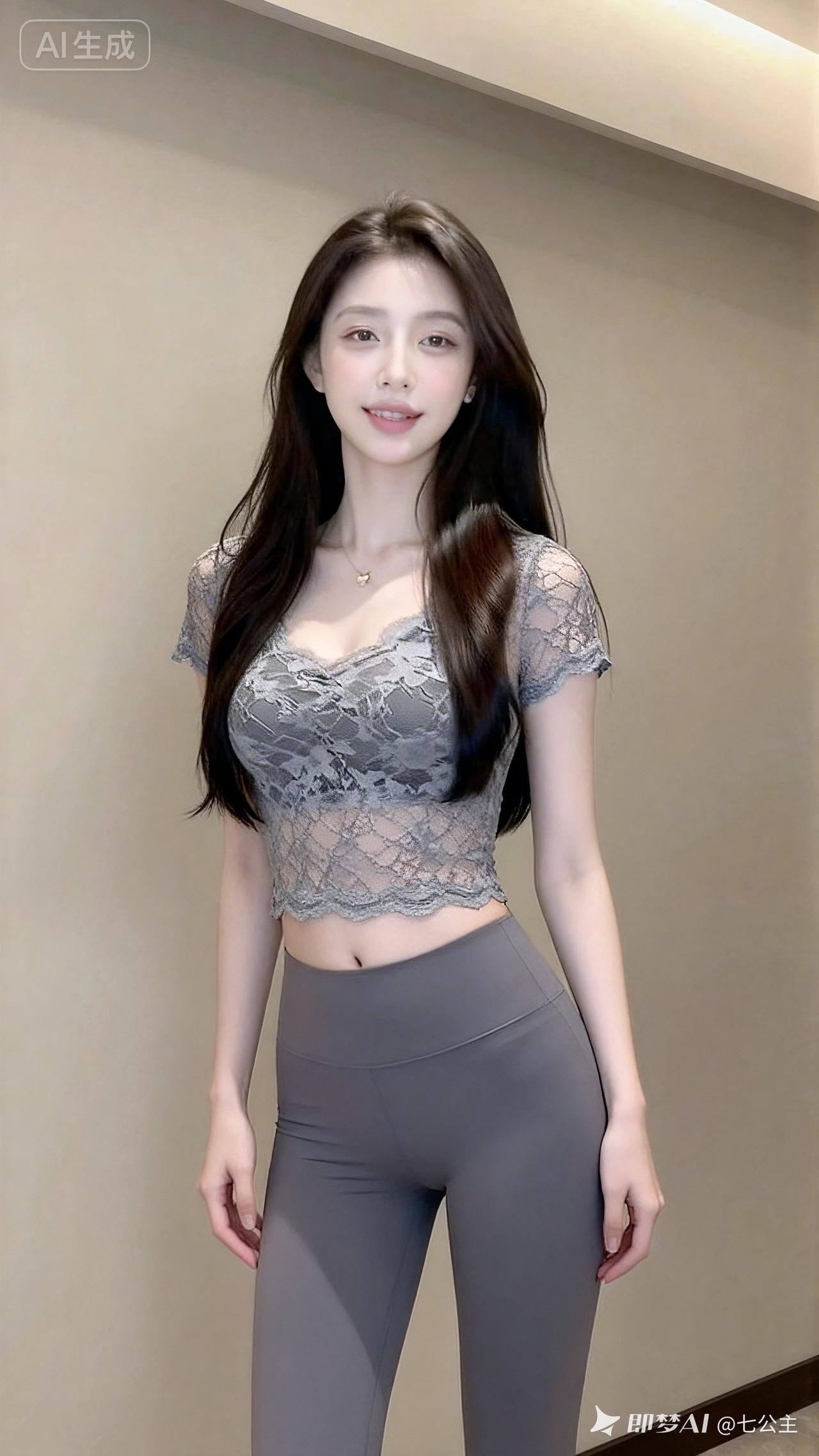 长发温婉美人，身着镂空透纱轻盈雅致，搭棕调修身紧身裤。肤白清丽眉眼动人，五官舒展