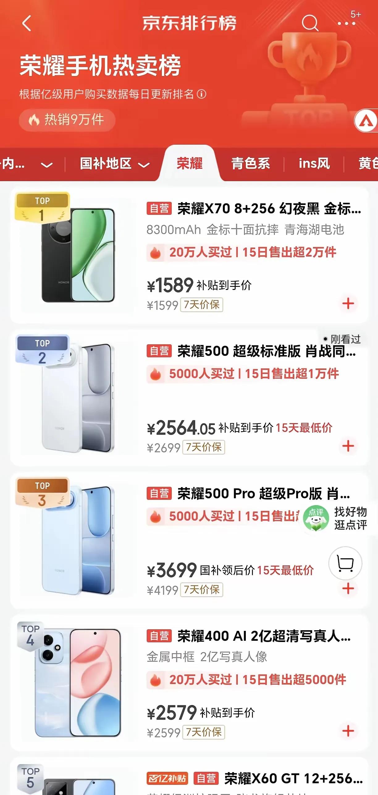 在京东荣耀手机热销榜，荣耀500系列销量在荣耀家族中仅次于荣耀X70。说实在，