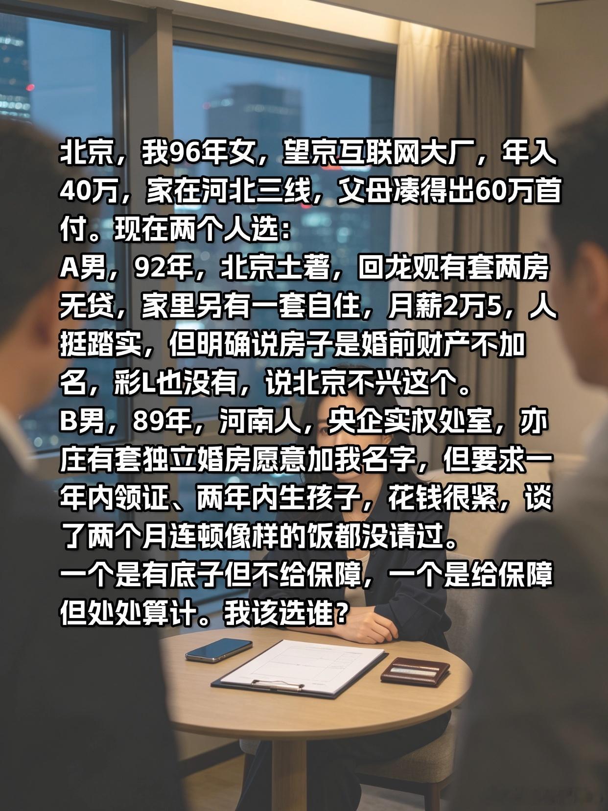 💌适婚年龄要选面包还是爱情？北京，我96年女，望京互联网大厂，年入40万，家在河北三线，父母凑得出