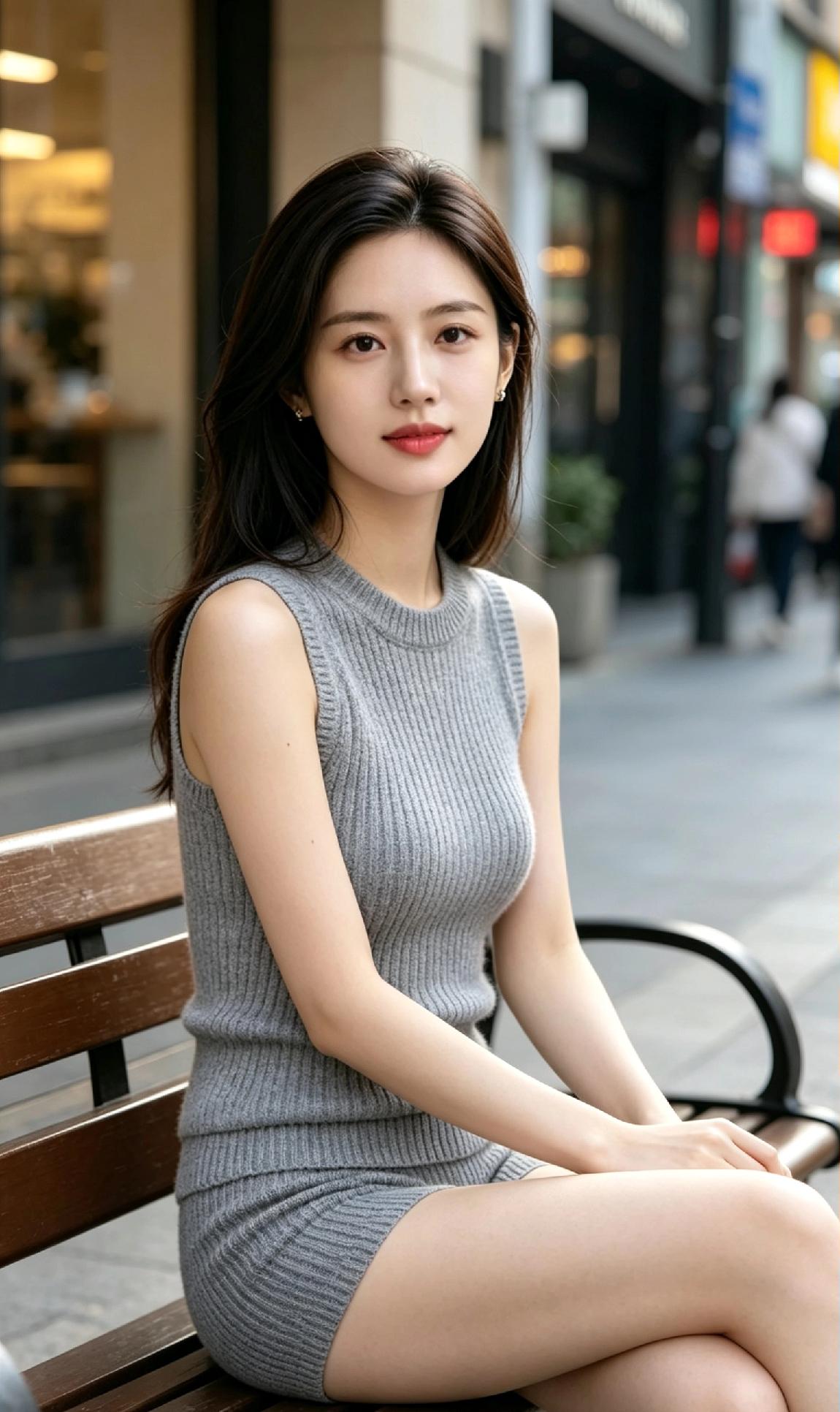 都市街拍，优雅气质，时尚穿搭，咖啡馆前，清新自然。