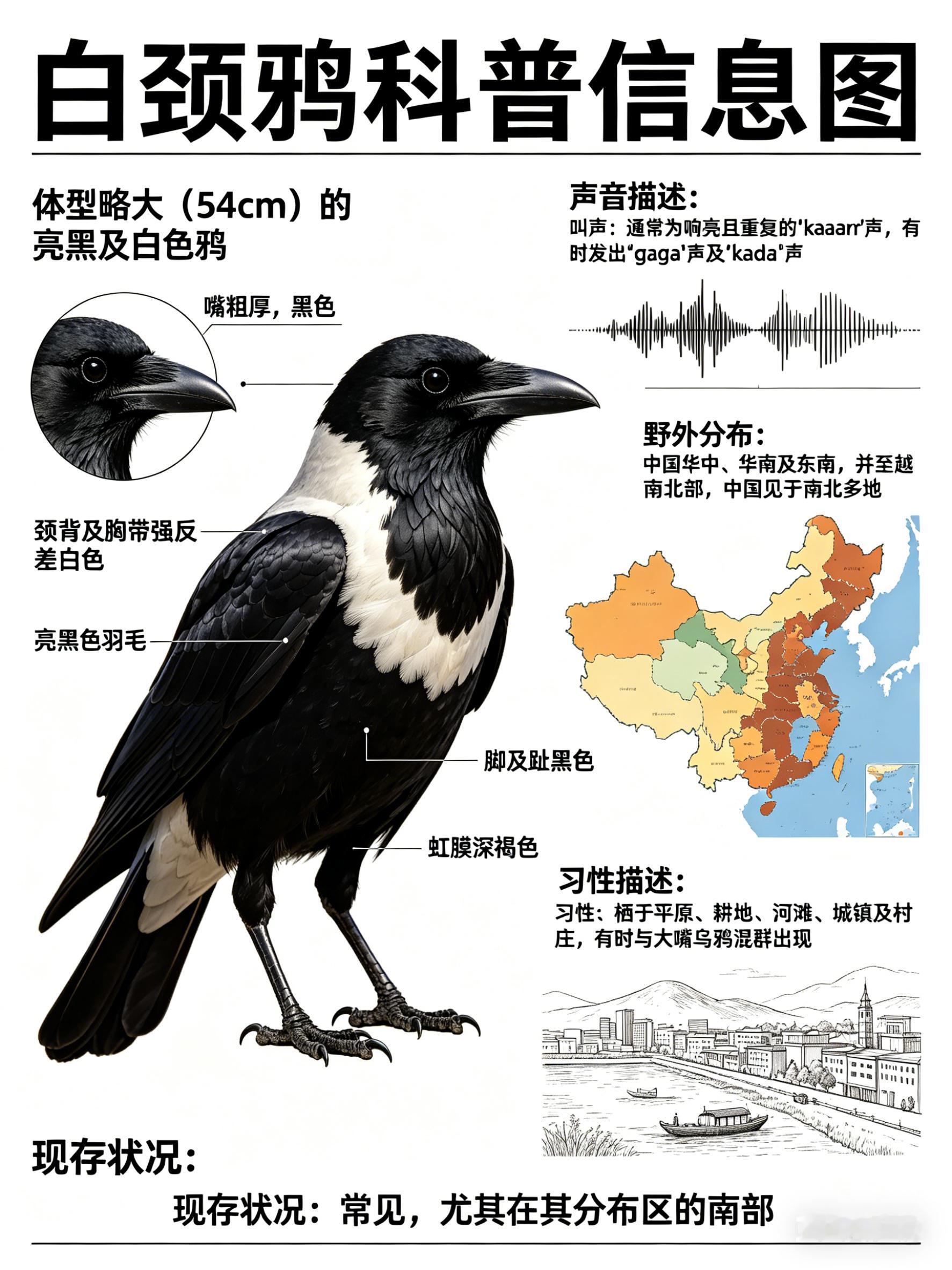 鸟类朋友图鉴白颈鸦·科属：雀形目，鸦科。·外形特征：体型略大（54cm）的亮黑