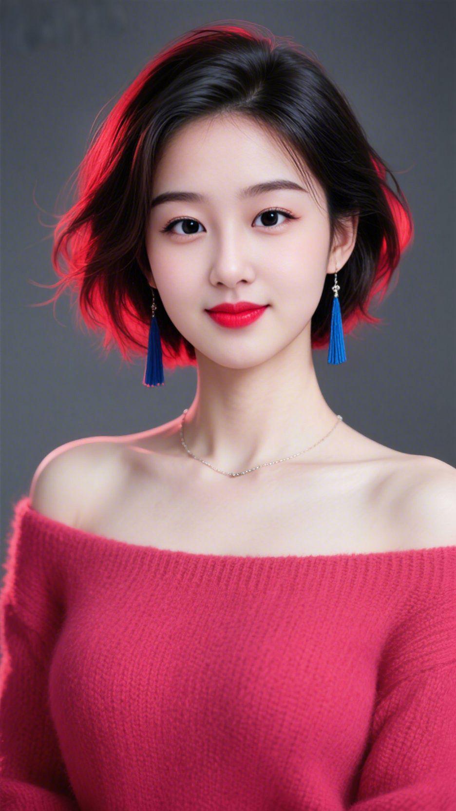 《红衫裹满光影柔》灰调背景里，玫红绒衫浸着暖光的晕，露肩轮廓衬着舒展气息，