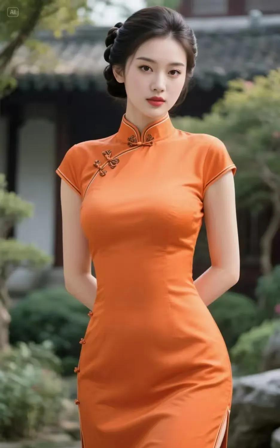 咏佳人盘云高髻映晴霞，袖染橙光韵自华。幽境园林添雅趣，惊鸿一瞥醉流霞。