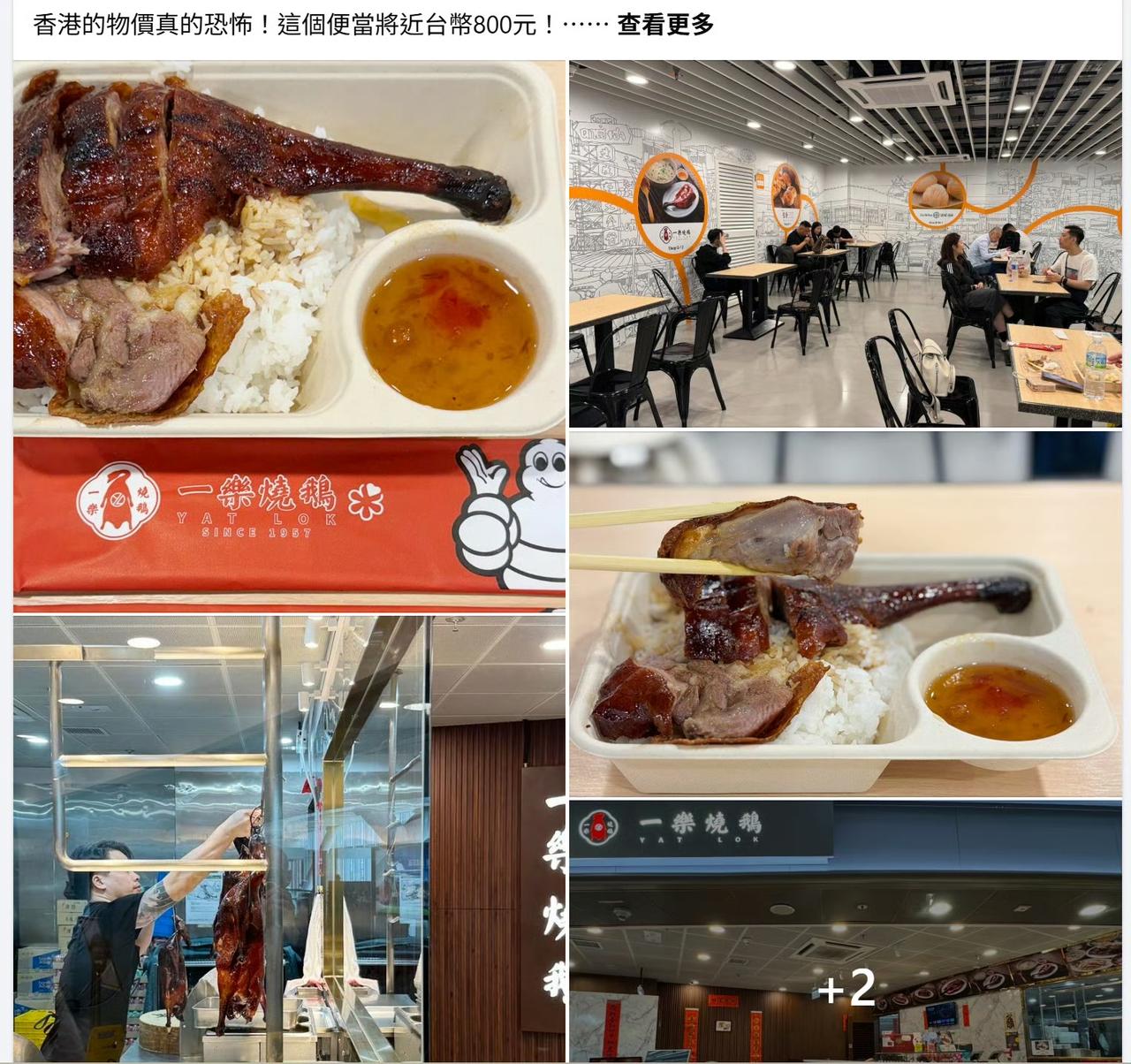 台湾游客发帖：香港物价太贵了。她表示去吃米芝莲推荐的一乐烧鹅，表示这么一份$