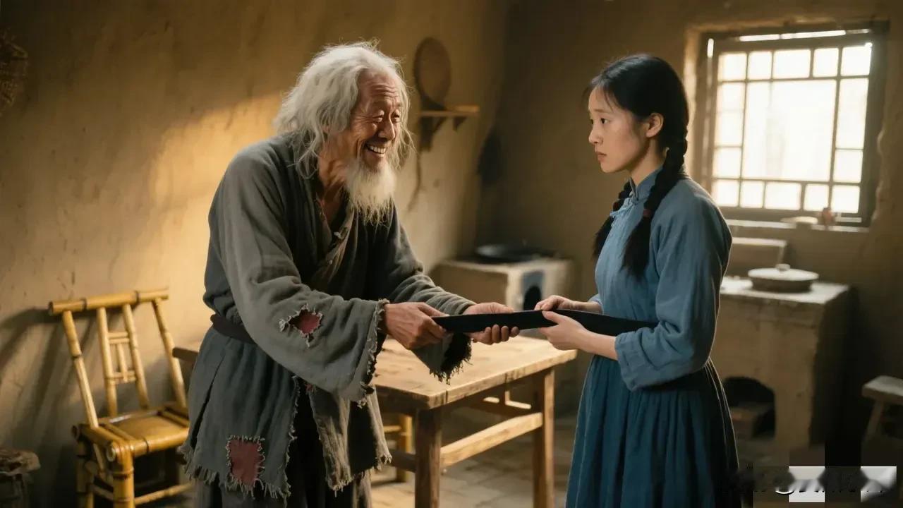 秀荷救了个老乞丐，老乞丐却厚着脸皮在秀荷家里吃喝半年，有天早上，他忽然把秀荷拉进