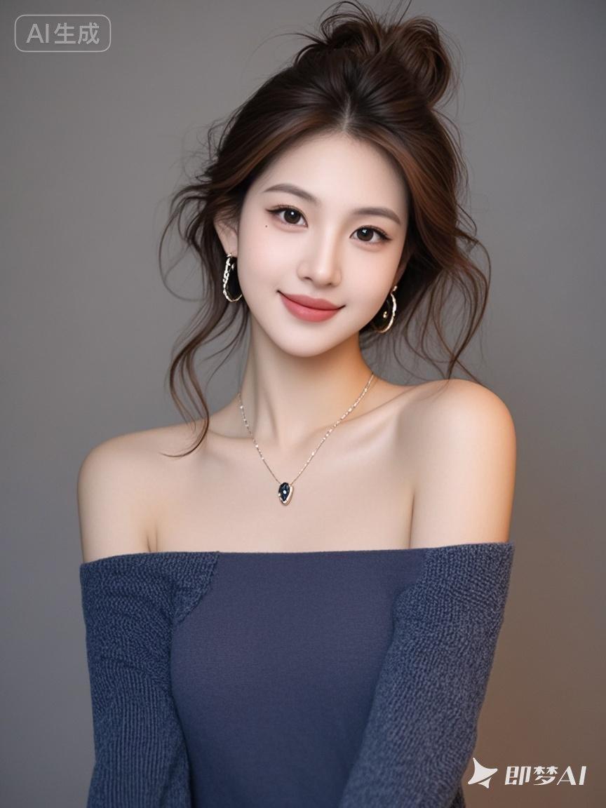 深棕色波浪慵懒随意扎发，发着光，有风吹飘飘之美，自信微笑，樱桃小嘴，瓜子脸，红润