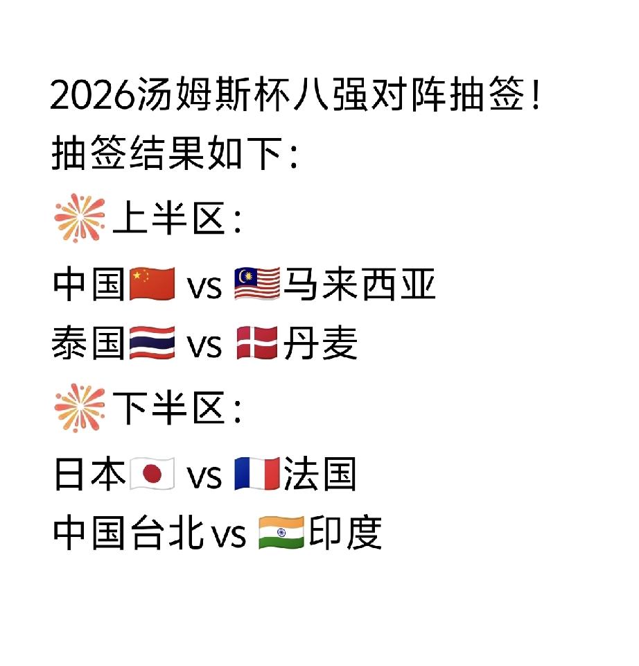 国羽男团上上签[笑着哭]！日本男团死亡对决[捂脸哭]！2026汤姆斯杯八强对阵抽