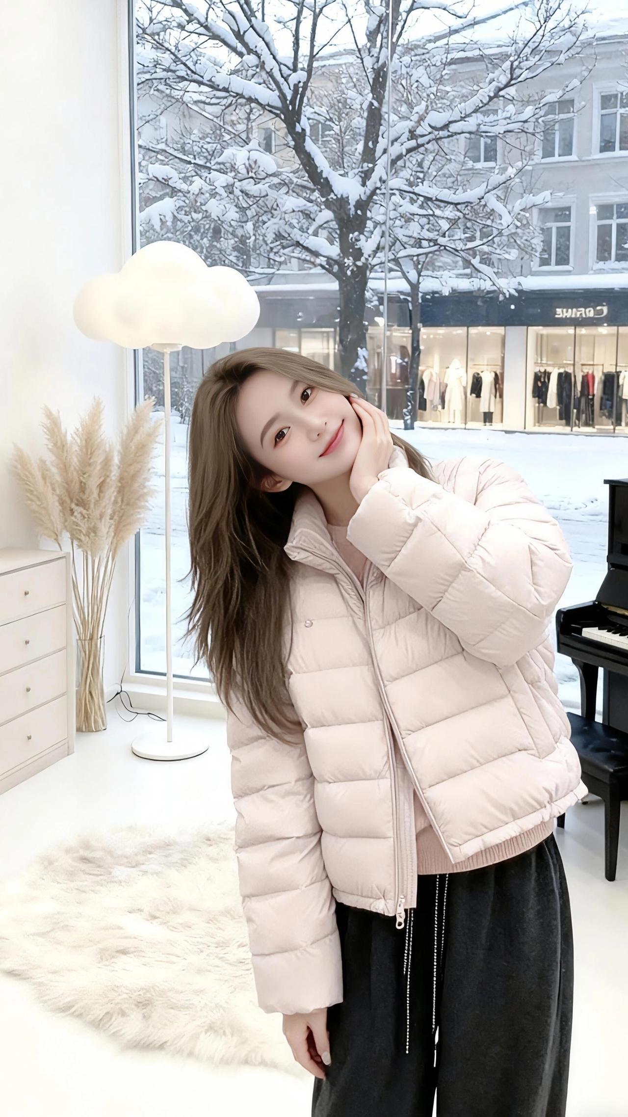 冬日的晨光裹着雪意，漫过落地窗时，已经是柔柔软软的一团。她立在云形灯的光晕里，粉