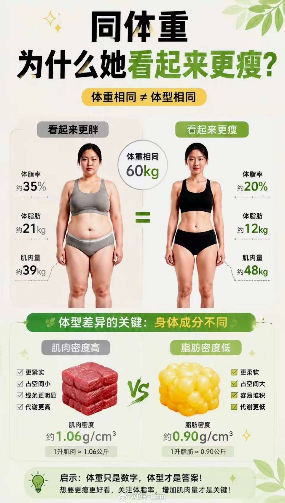 1公斤肌肉和1公斤脂肪重量相同，但体积明显不同。肌肉密度约1.06g/cm³，脂