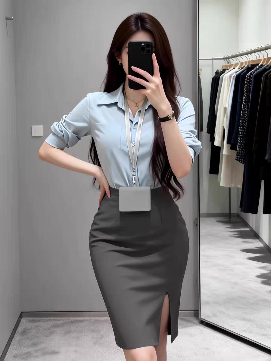 轻熟风穿搭长袖衬衫加高腰半身裙套装