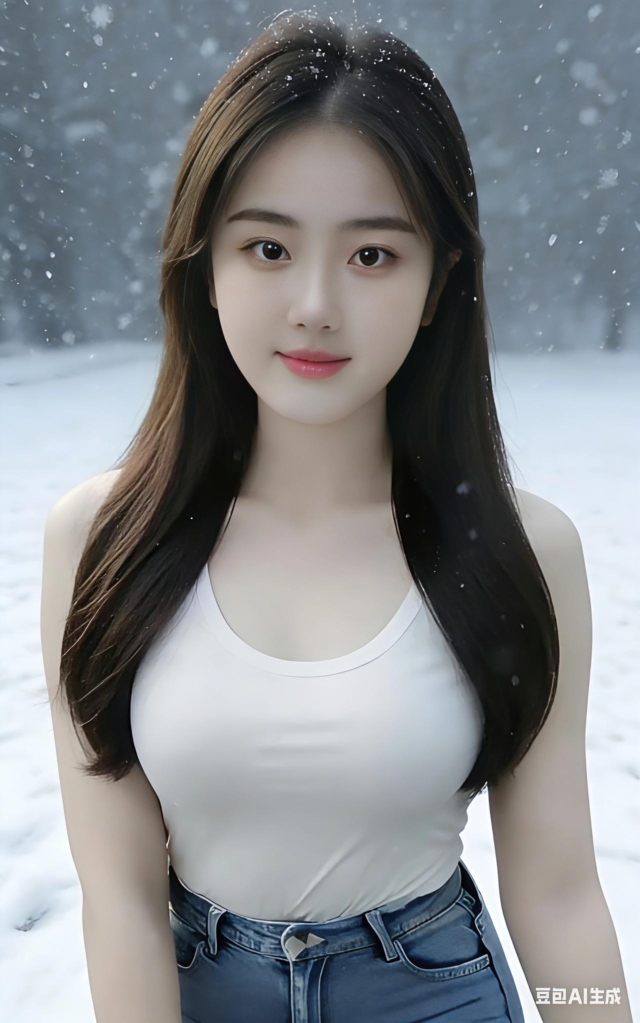 漫空飞雪洒人间，长发姑娘立雪前。双眸明澈容颜俏，气质清逸胜玉莲。寒风虽冽