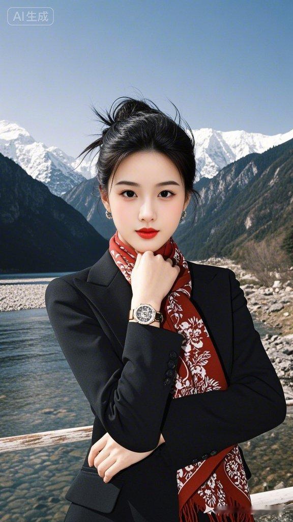 雪山下的时尚女郎，红唇黑衣，尽显优雅与自信。