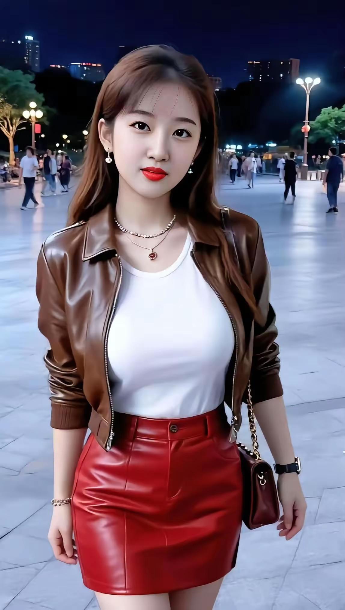 都市夜色下的时尚穿搭，红裙白衫，皮夹克，尽显都市女性魅力。