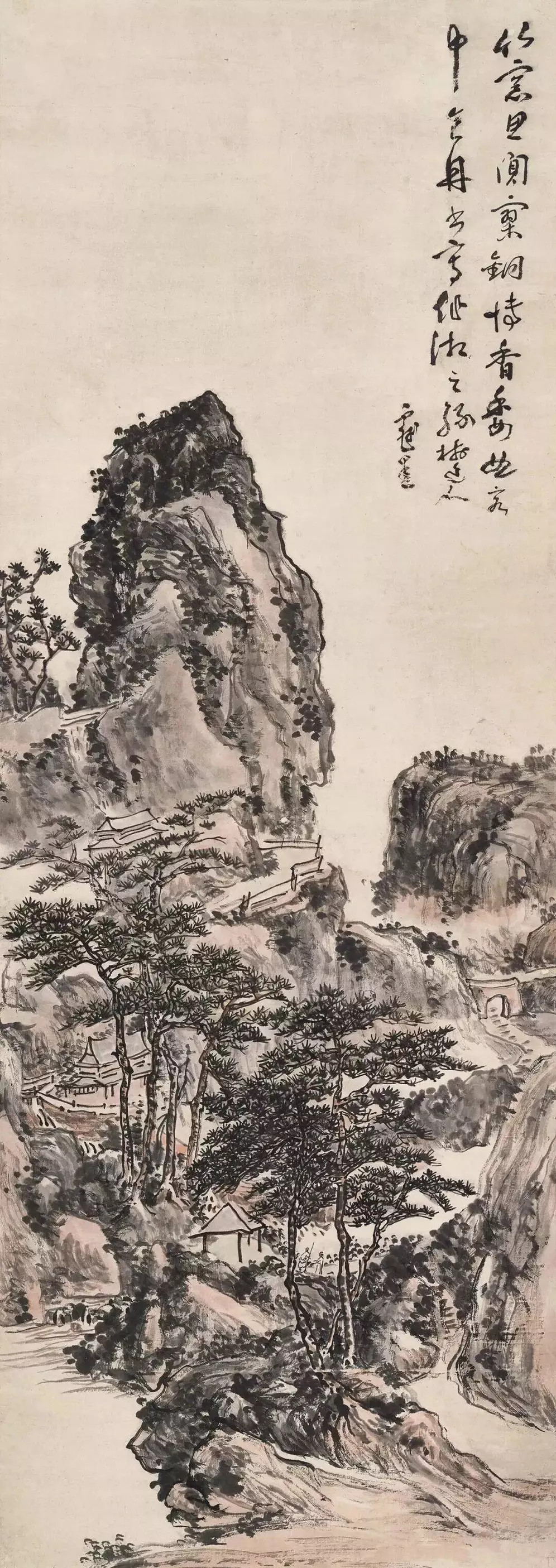 黄宾虹《临吴镇山水》，立轴 设色纸本112.5×39.5cm。吴镇的山水画，