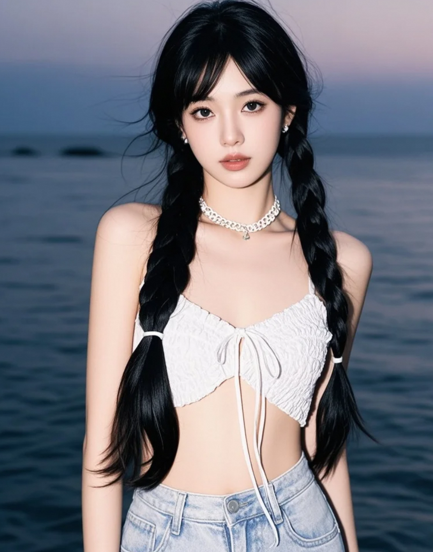 夜幕下的海滩风情，她在沙滩夜晚中绽放迷人光彩