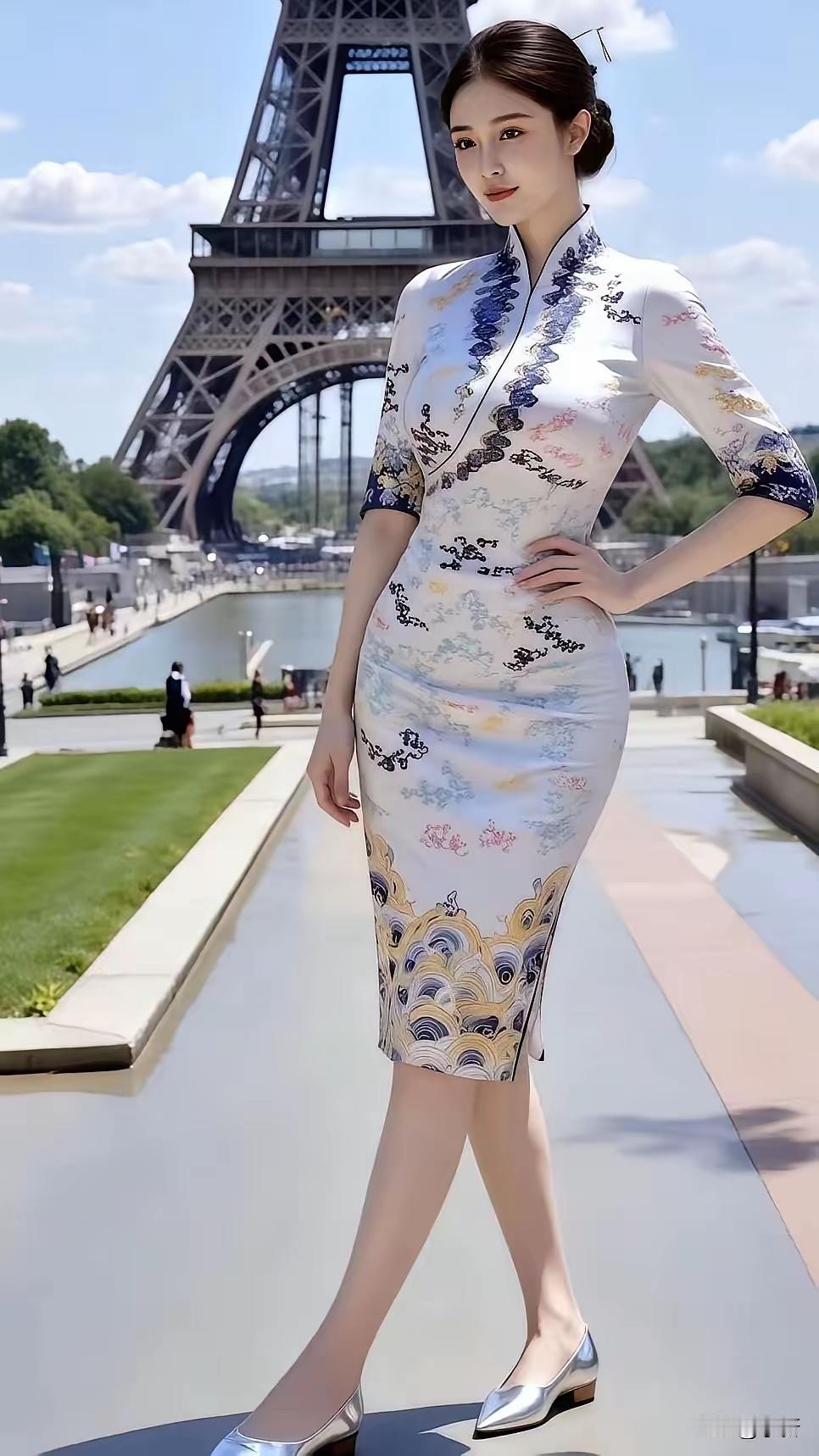 山坡羊·中国旗袍在法国铁塔高耸，佳人出众，旗袍一袭东方梦。韵流虹，意交融