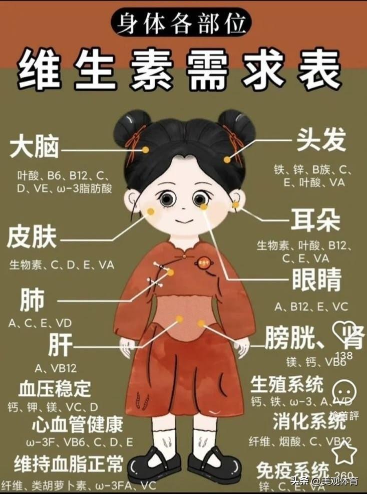 身体各部位维生素需求表：补充维生素，维生又强生。