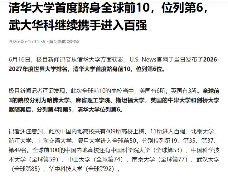 一看标题，清华进入世界大学排名前10，位列第6。清华大学首度跻身全球前10看内