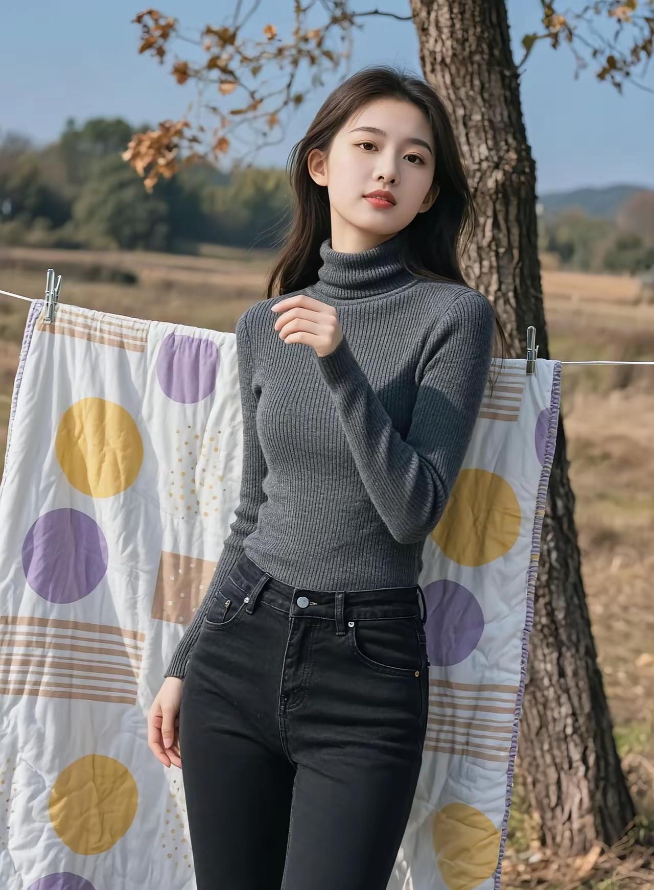 秋日穿搭指南：灰色高领毛衣+黑色牛仔裤，简约时尚，尽显优雅气质。