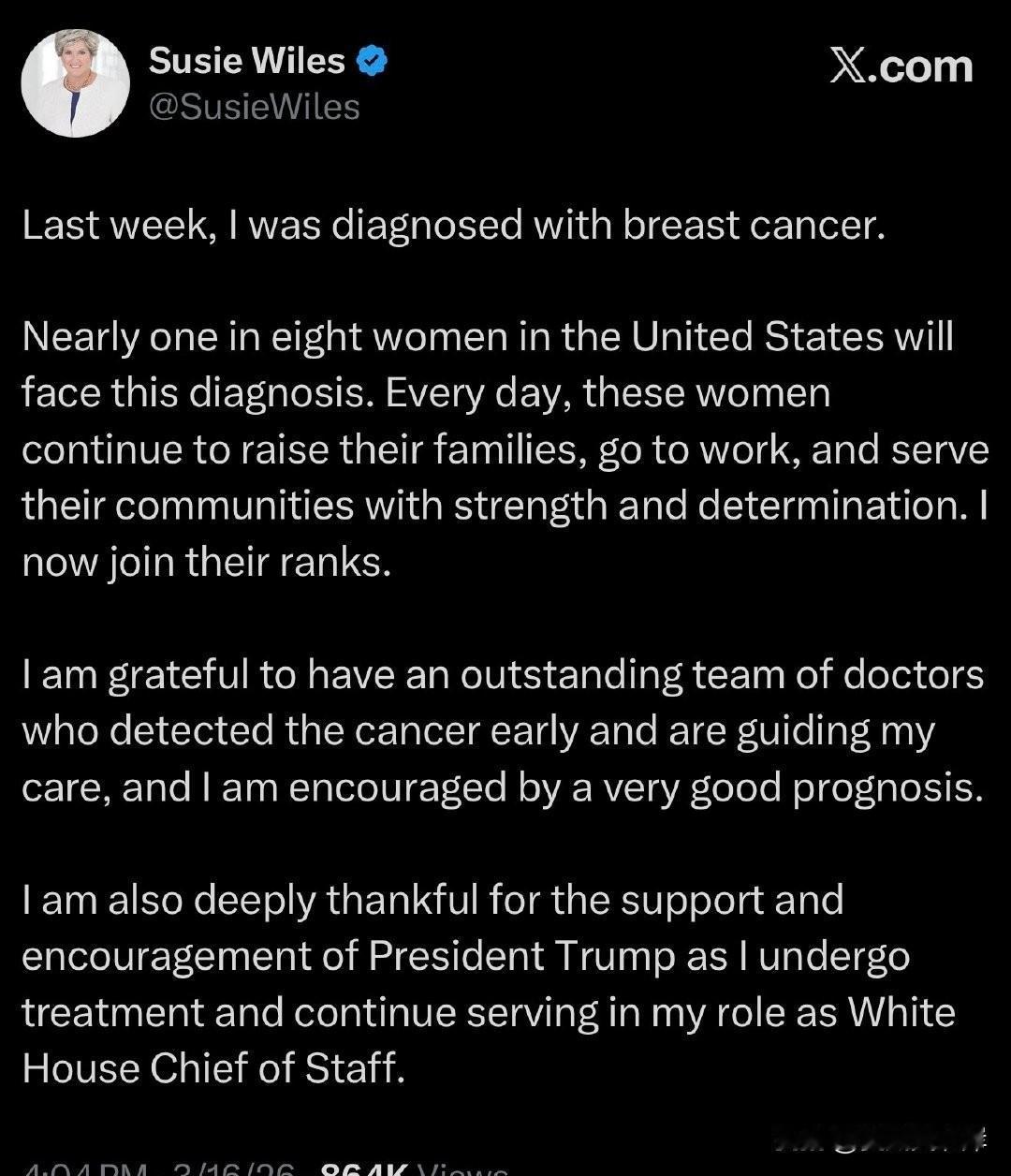 白宫幕僚长SusieWiles宣布确诊乳腺癌。“上周，我被诊断出患有乳腺癌。