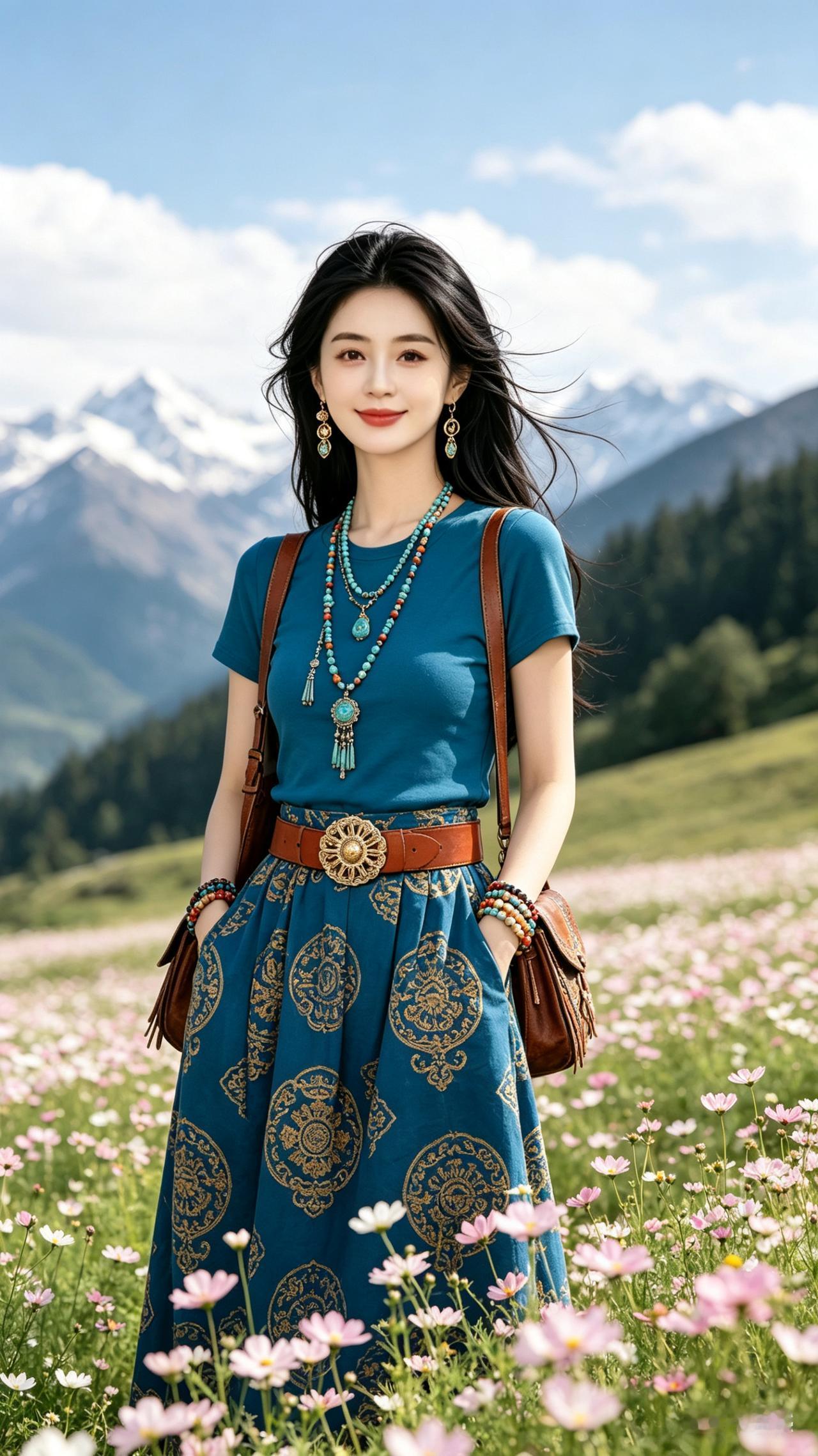 黑发少女立于格桑花海，蓝衣配藏纹长裙，民族银松石配饰精致。双手插袋从容伫立，前景