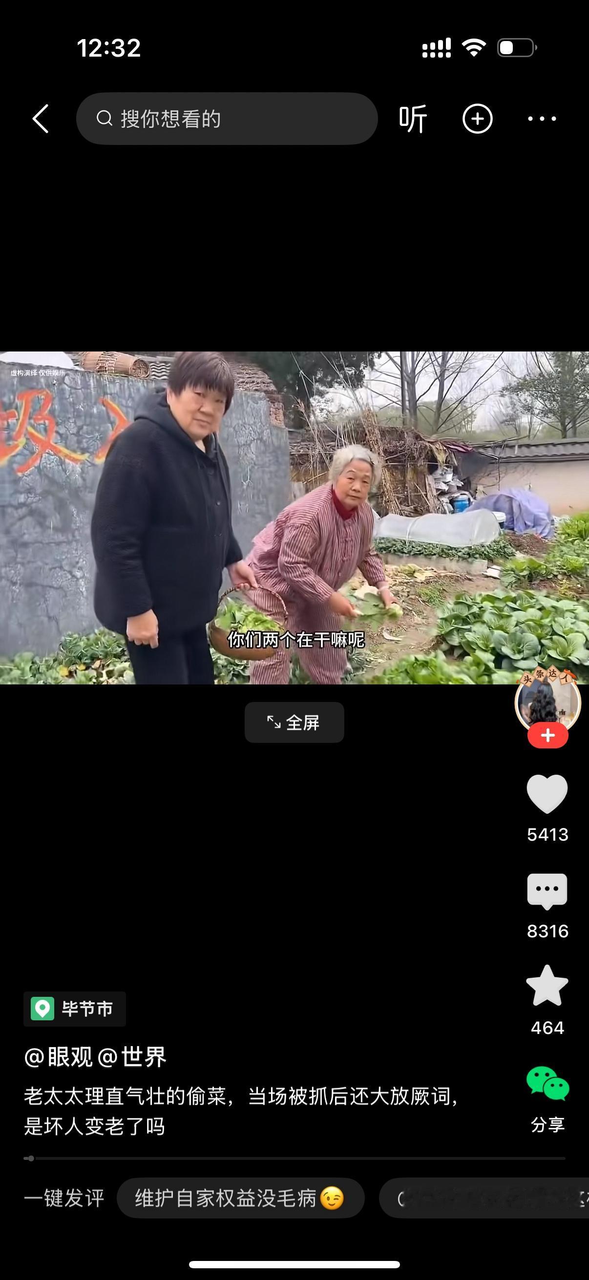 两个老人在菜地里拔菜。女子大喊，你们两个干啥了？为什么拔我家的菜呢？红衣服老人说