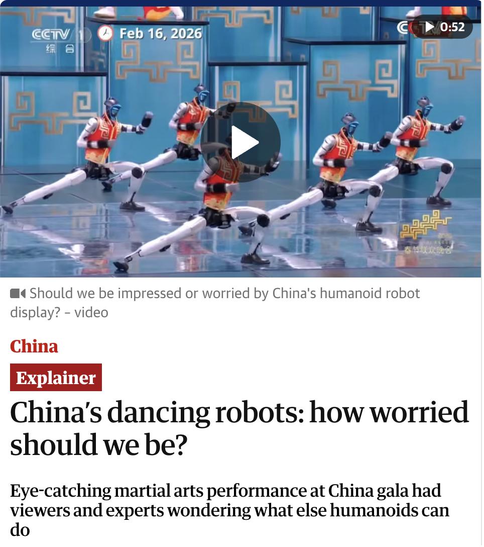 英媒：中国跳舞机器人：我们该担忧吗？中国春节联欢晚会上的跳舞机器人表演引发了