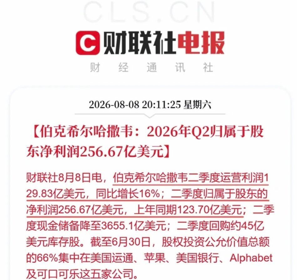 巴菲特交出二季度成绩单！对A股有什么启发？伯克希尔哈撒韦公布2026年Q2财报，