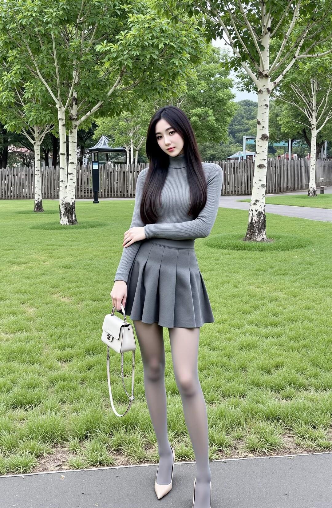 灰色毛衣搭配百褶裙，优雅气质，手拿小包，漫步公园，尽显女性魅力。