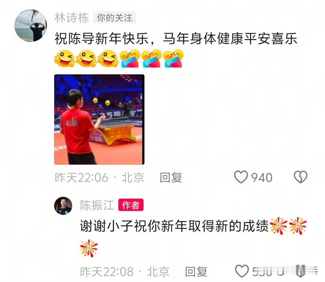 陈振江教练:祝大家新年快乐，马到成功林诗栋留言:祝陈导新年快乐，马年身体健康平