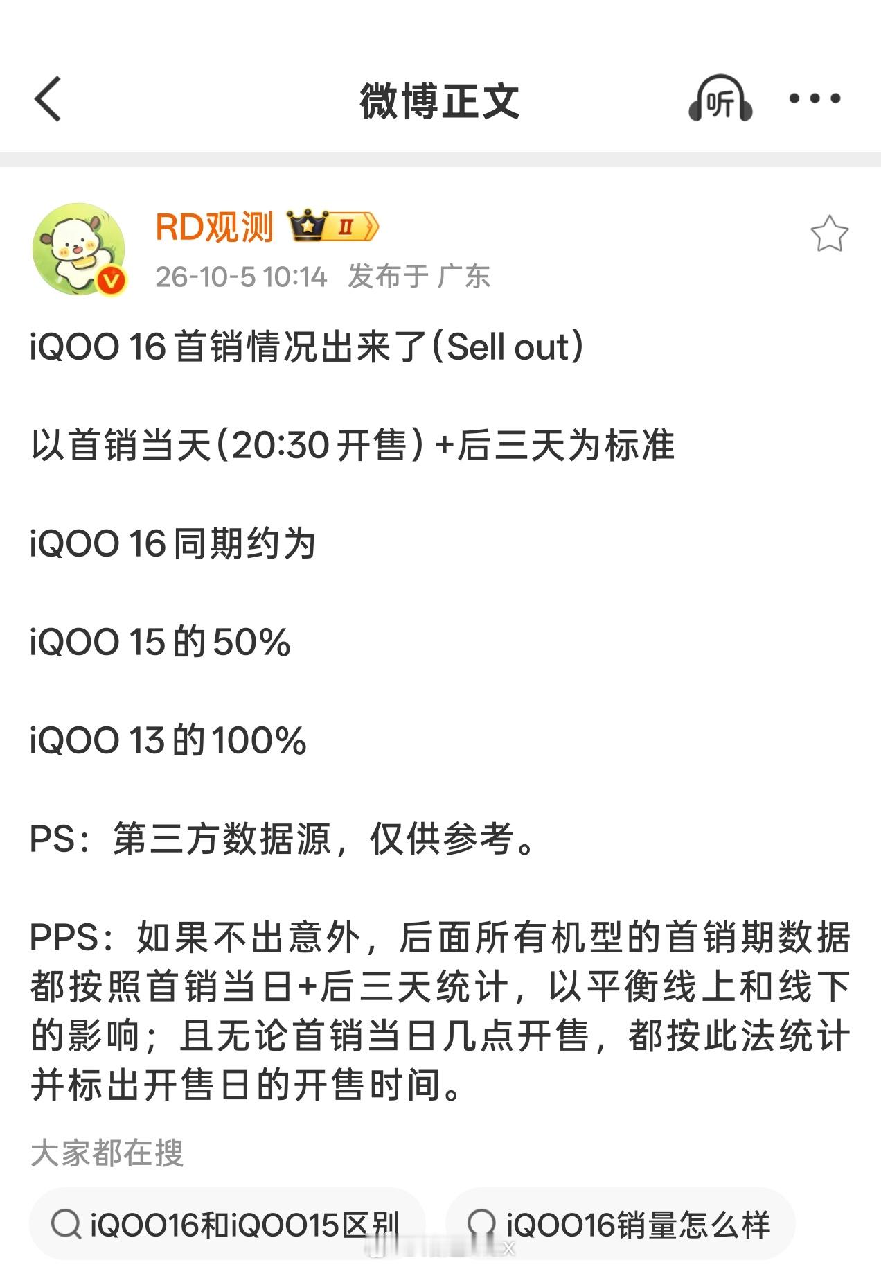 iQOO16首销数据可还行？iQOO15的50%iQOO13的100%起