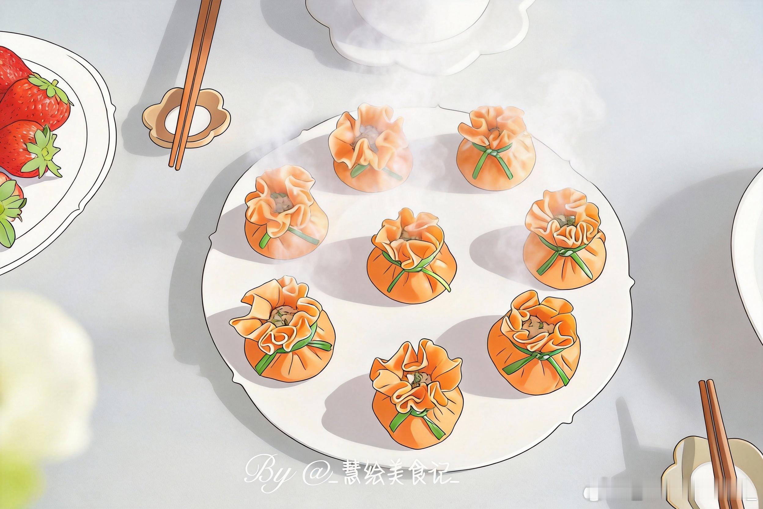 手绘风格的福袋烧麦~有点可爱呀